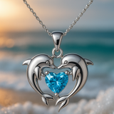 Tidlöst silverhalsband med två delfiner och opal