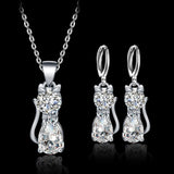 Sterling Silver Halsband och Örhängen Set med Glada Katter och Polerat Vitt Zirkonium